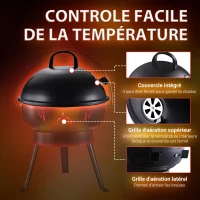 Outsunny Barbecue à charbon ronde portable barbecue de jardin résistant avec couvercle métal 36,5 x 36,5 x 54 cm noir(m-5)