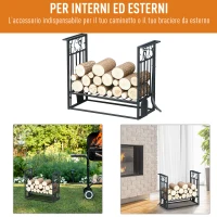 HOMCOM Portalegna Rialzato per Camino in Acciaio Antiruggine, Porta Legna da Interni ed Esterni, 4 Attrezzi Inclusi, 75x30x60cm(m-5)