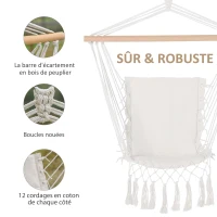 Outsunny Chaise Suspendue Chaise hamac de Voyage Portable Assise Dossier rembourrés macramé Coton Polyester Beige(m-6)