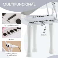 AIYAPLAY Juego de Piano Infantil de 32 Teclas con Micrófono Taburete Luces 22 Canciones y 4 Sonidos 37x30,5x60,4 cm Blanco(m-4)