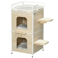 PawHut Casa para Gatos de 2 Niveles Cama Cueva para Gatitos de Madera con 2 Rascadores 3 Cojines Lavables 40x40x84 cm Natural(m-10)
