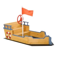 Outsunny Arenero Infantil de Madera Diseño de Galeón con 2 Escalones Banco con Almacenaje Bandera y Timón Cajón de Arena(m-1)