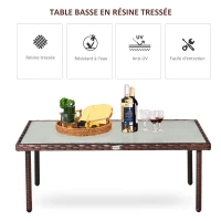 Outsunny Table basse de jardin plateau verre trempé 5 mm résine tressée imitation rotin marron(m-4)