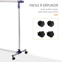 HOMCOM Portant à vêtements tringle réglable à roulettes en acier inox charge max. 25 kg(m-5)