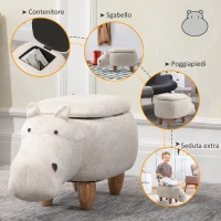 HOMCOM Pouf Contenitore a Forma di Ippopotamo con Gambe in Legno e Rivestimento Bianco Crema, per Cameretta 65x35x36cm(m-7)