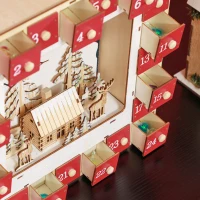 HOMCOM LED Adventskalender mit Dorfszene, 24 große Schubladen, MDF, 34 x 7 x 34 cm, Rot(m-7)