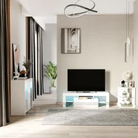 HOMCOM Mueble de TV Moderno Mesa para TV de Salón para Televisión con Luces LED con Mando a Distancia Estantes de Cristal Ajustables y Cajón 130x35x45 cm Blanco Brillante(m-2)