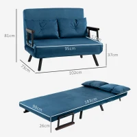HOMCOM 4-in-1 Velvet-Feel Double Sofa Bed, with Pillows - Blue(m-3)