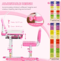 HOMCOM Kids Study Desk and Chair Set w/ Adjustable Height, Storage, Drawer, Pink(m-4)