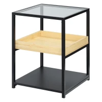 HOMCOM Mesa Auxiliar de 3 Niveles Mesita de Noche Estilo Moderno con Encimera de Cristal Estantes de Madera y de Acero para Dormitorio Salón 40x40x55 cm Negro(m-11)