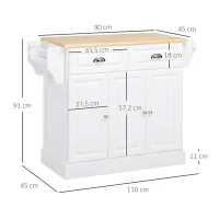 HOMCOM Chariot de cuisine sur roulettes Ilot de cuisine avec 2 tiroirs Porte-épices et porte-torchons 110x45x91 cm Blanc(m-3)