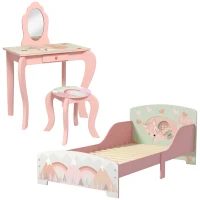 ZONEKIZ Toddler Bed Frame, Kids Dressing Table with Mirror and Stool, Cute Animal Design Kids Bedroom Furniture Set for Ages 3-6 Years, Pink(m-1)