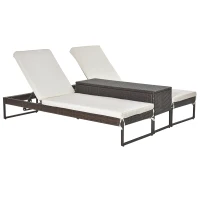 Outsunny 3pz Componibile 2 Lettino Prendisole da Giardino (60 x 195 x 86cm) e 1 Tavolino (121 x 40 x 50cm) Rattan con Materassini, Marrone e Bianco Crema(m-10)