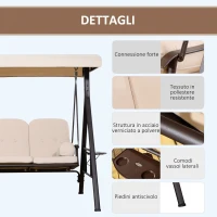Outsunny Dondolo 3 Posti con Tetto Regolabile, Portabicchieri e Cuscini, in Metallo e Poliestere, 208x121x172 cm, Beige(m-5)