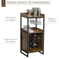 HOMCOM Casier à vin design industriel étagère à bouteilles 9 bouteilles support verres à vin intégré métal noir aspect vieux bois veinage(m-5)