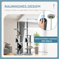 PawHut Kratzbaum mit Deckenspanner, Hängematte, Haus, Plattformen, Spielball, 225-255cm, Grau(m-4)