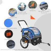 PawHut Carrello 2 in 1 Passeggino per Cani e Rimorchio Bici, Ruota Girevole Catarifrangenti e Bandierina 130x58x94cm Blu(m-7)