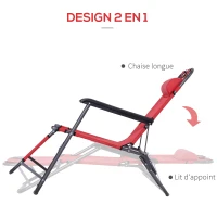 Outsunny Chaise Longue inclinable transat Bain de Soleil fauteuil relax jardin 2 en 1 Pliant têtière Amovible Charge Max. 136 Kg Toile Oxford Facile d'entretien Rouge(m-6)