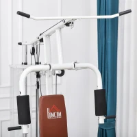 HOMCOM Station de musculation entrainement complet développé couché butterfly barre latissimus curler bande résistance 10 contrepoids 45 kg avec filet de protection acier blanc et marron(m-8)