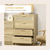 HOMCOM Cómoda con 4 Cajones de Rejilla de Ratán Cajonera de Madera para Dormitorio Estilo Cannage Bohemio 60x38x88,5cm Natural(m-4)