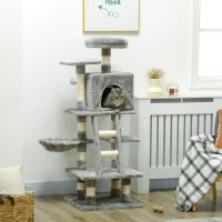 PawHut 132cm Cat Tree with Scratching Post, House, Hammock, Toy Balls - Grey(m-2)