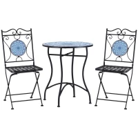 Outsunny Set da Giardino 3 Pezzi, Tavolino e 2 Sedie Pieghevoli con Mosaico, Blu(m-1)