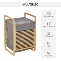 HOMCOM Cesto Portabiancheria con Sacco Rimovibile, Arredamento Bagno Stile Nordico in Bambù e Tessuto, 40x35.5x60.5cm, Legno e Grigio(m-5)