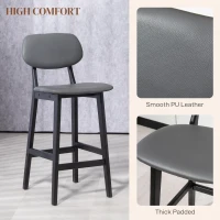 HOMCOM Bar Stools Set of 2, Breakfast Bar Chairs, PU Leather Upholstered Kitchen Stools with Backs, Footrests and Solid Wood Legs, Dark Grey(m-5)