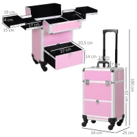 HOMCOM Valise trolley maquillage mallette cosmétique vanity poignée télescopique réglable 34L x 25l x 62H cm alu. rose(m-3)