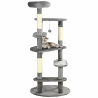 PawHut Albero Tiragraffi per Gatti con Pali in Sisal, Lettino con Cuscino e Pallina, Ø60x136cm, Grigio(m-10)