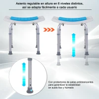 HOMCOM Taburete de Ducha Silla de Baño con Altura Ajustable en 6 Niveles Diseño Antideslizante para Ancianos o Movilidad Reducida 52x30x39-51 cm(m-5)