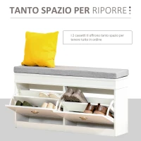 HOMCOM Panca Scarpiera Salvaspazio in Legno con Cuscino, 2 Cassetti con Mensola Regolabile per 8 Scarpe, 104x24x55cm, Bianco(m-4)