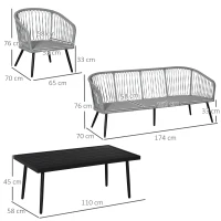Outsunny Conjunto de Muebles de Ratán y Aluminio Juego de Muebles de Jardín 4 Piezas Mesa de Café Sofá de 3 Plazas y 2 Sillones con Cojines para Terraza Exterior Gris(m-3)