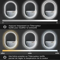 kleankin Miroir de salle de bain ovale lumineux LED 3 couleurs luminosité réglable interrupteur tactile, anti-buée, 70 x 50 cm(m-5)