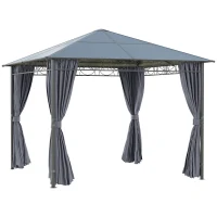 Outsunny 3 x 3(m) Hardtop Gazebo Canopy with Polycarbonate Roof, Permanent Pavilion Garden Gazebo with Curtains for Patio, Deck, Grey(m-13)