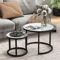 HOMCOM Glass Coffee Table Set of 2, Round Nest of Tables with Marble-Effect Tempered Glass Tabletop and Steel Frame, Modern Side Tables for Living Room, White(m-7)