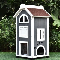 PawHut Wooden Cat House, Weatherproof Pet Shelter, Outdoor Cat Condos Cave, 2 Floor Furniture, Grey and White(m-10)