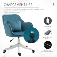 HOMCOM Chaise de bureau velours fauteuil bureau massant coussin lombaire intégré hauteur réglable pivotante 360° bleu(m-4)