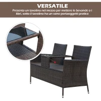 Outsunny Divano da Giardino a 2 Posti con Tavolino con Cuscini Poly Rattan 63 × 133 × 84cm Marrone(m-5)