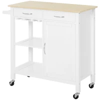 HOMCOM Kitchen Storage Trolley Cart Cupboard Rolling Wheels Shelves Cabinet Island W/ Drawers Towel Rail Wine Glass Rack Pine Wood Worktop  White(m-11)