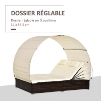 Outsunny Lit de jardin modulable bain de soleil 2 places grand confort pare-soleil amovible matelas tétière crème résine tressée 4 fils chocolat(m-5)