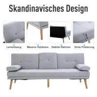 HOMCOM Schlafsofa, 3-Sitzer-Sofa, Bettsofa mit Klappbarem Tisch, Stoffsofa mit Leinenoptik, Schlafcouch mit Becherhalter, im Skandi-Design, bis 250 kg Belastbar, Hellgrau(m-6)