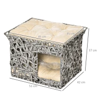 PawHut Cesta de Ratán para Gatos de 2 Pisos Cueva Cama de Gato Tipo Caseta con 2 Cojines Suaves Estructura de Metal 51x42x37 cm Gris y Beige(m-3)