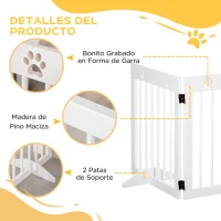 PawHut Barrera para Perros Plegable de 4 Paneles 204x61 cm Barrera de Seguridad para Perros con Estructura de Madera y Patas de Apoyo para Pasillo Escalera Blanco(m-5)