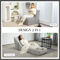 HOMCOM Poltrona Moderna da Pavimento Convertibile in Chaise Longue in Tessuto, Grigio Chiaro(m-4)