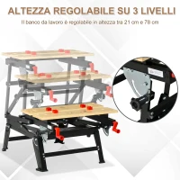 HOMCOM Banco da Lavoro Pieghevole con Altezza Regolabile, 4 Morsetti e Fori per Utensili, in Metallo e Bambù, 68x60x21-78cm, Nero(m-5)