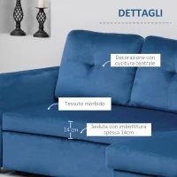HOMCOM Divano Letto Angolare 3 Posti Effetto Velluto e Chaise Longue con Contenitore, 232x141x85cm, Blu(m-6)