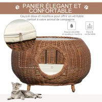 PawHut Panier chat cosy grand confort table basse 2 en 1 coussin amovible déhoussable résine tressée marron(m-5)