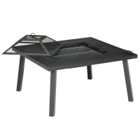 Outsunny Feuerschale Feuertisch mit Schürhaken Funkenschutz Feuerkorb Feuerstelle für Garten Camping BBQ Stahl Schwarz 81 x 81 x 53 cm(m-10)