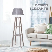 HOMCOM Lampada da Terra in Legno con 3 Ripiani e Paralume in Tessuto, 45x45x148cm, Grigio(m-4)